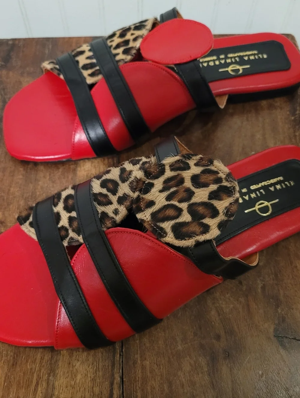 Elina Linardaki Lucia Red Leather Leopard Calf Hair Slide Sandals EU 40 US 9